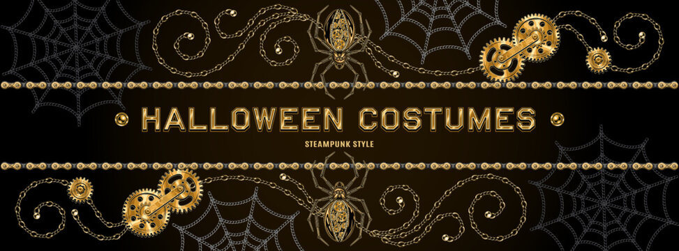 Halloween banner, poster in steampunk style. Advertising signboard, shield with copy space. Creative background with gold bike chain, gears, metallic spider, gold curls, spider web of jewelry chain