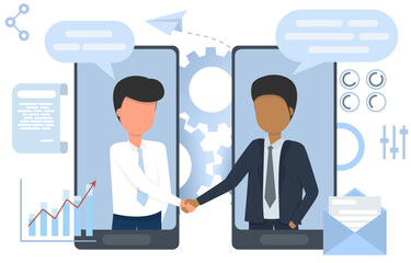 Online business concept. Businessmen shake hands, make agreements, develop, organize, plan, finance, invest for more profit. Vector illustration Eps10.