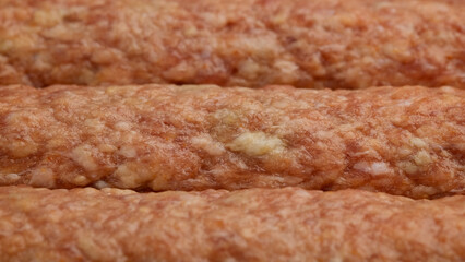 Raw meat preparing for cooking kebab top view