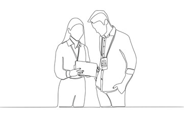 Continuous Line art of Business discussion of man and woman, One line design minimalist vector illustration. Drawing of young male and female startup founders. Entrepreneurs 