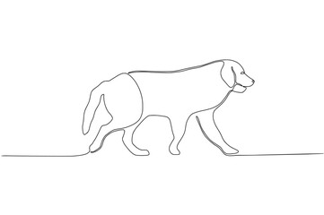 Continuous line art of a walking dog in drawing style. Dog walking minimalist black linear sketch isolated on white background. Vector illustration