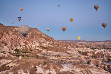 Balloons in rose valley, Cappadocia. Flights in Goreme. Turkey