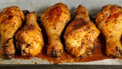 Cooking chicken. Process marinated chicken legs in sauce
