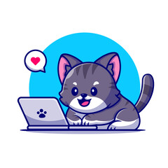 Cute Cat Working On Laptop Cartoon Vector Icon Illustration. 
Animal Technology Icon Concept Isolated Premium Vector.
Flat Cartoon Style