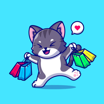 Cute Cat Shopping Cartoon Vector Icon Illustration. Animal 
Business Icon Concept Isolated Premium Vector. Flat Cartoon 
Style
