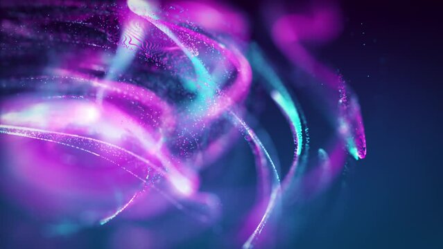 Blue and purple particle stream. Digital data flow. Creative abstract background. Dynamic pattern with fluid simulation and light. 3D render