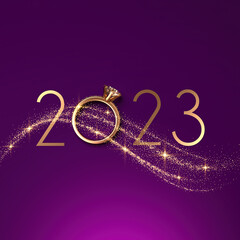 Elegant 2023 New Year design template with luxury diamond engagement ring on a purple background. Creative 3D render illustration for a calendar, greeting card or banner.