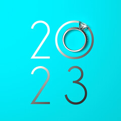Elegant 2023 New Year design template with luxury diamond engagement ring on a turquoise (tiffany blue) background. Creative 3D render illustration for a calendar, greeting card or banner.