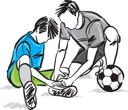soccer player boy leg injury coach helping sports concept vector illustration