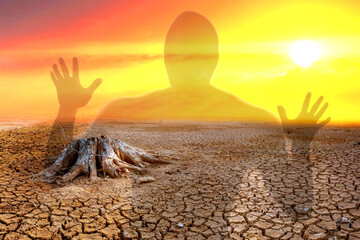 The concept of water and food crisis Starvation is starving. a barren land with the shadow of a hungry man