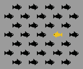 Fish swims against the current, swims in the other direction. Concept is against the crowd, against the herd, against everyone. Choose her own way. Vector premium illustration on dark background.