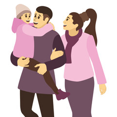 Fototapeta premium Vector illustration of Mom dad and daughter on a white background. Daughter in the arms of the father. Family in warm clothes. Happy family concept. Family day.