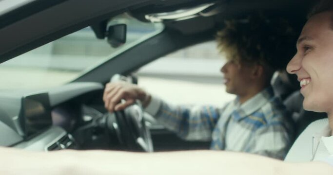 MS TS Young male couple traveling by car
