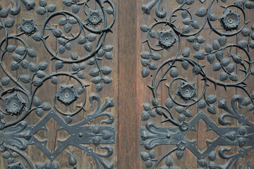 An ornate door knocker at St. Lorenz Kirche, or St. Lawrence Church, in the historic city of Nuremberg in Germany.