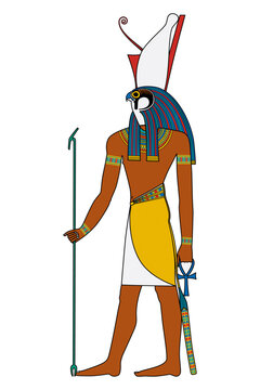 Horus, god of kingship and the sky in ancient Egypt. Tutelary deity, depicted as a falcon headed man, wearing the pschent, a red and white crown, symbol of kingship over the entire kingdom of Egypt.