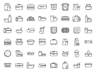 School breakfast icons set outline vector. Lunch bag