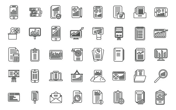 Business report icons set outline vector. File document
