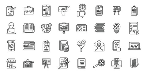 Market studies icons set outline vector. Economic analysis