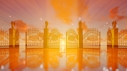Golden gates of heaven opening against magical sunset and flying white doves