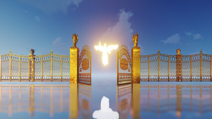 Golden gates of heaven opening to reaveal glowing floating angel