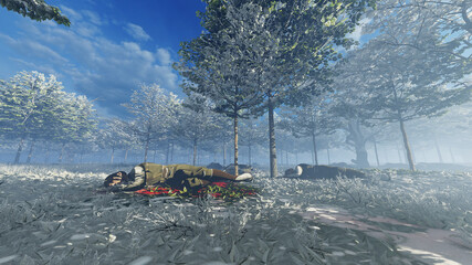Dead soldiers laying in a blood bath scattered over snow forest