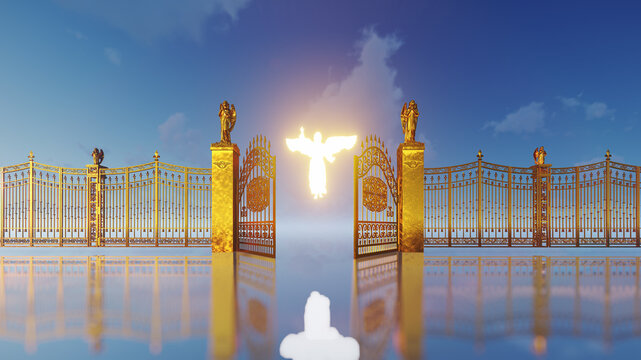 Golden gates of heaven opening to reaveal glowing floating angel