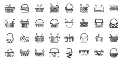 Picnic basket icons set outline vector. Fruit hamper