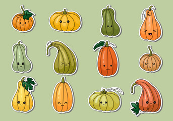 Set of pumpkin stickers. Autumn design elements for posters, invitations, covers, banners, placards and brochures.Vector illustration