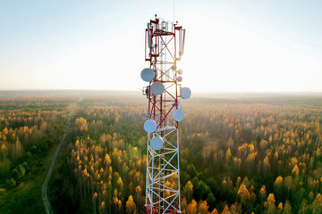 Mobile Tower installation. Cell site and Telecom Base Station. 5G internet online generation....