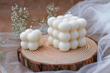 Soy handmade candles. Two natural white bubble candles. Decor 