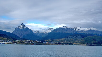 Martial Mountains covered in snow above the town of Ushuaia, Argentina, on the Beagle Channel