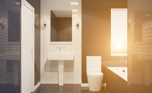 Modern bathroom including bath and sink. 3D rendering.. Sunset.