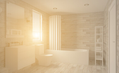 Scandinavian bathroom, classic  vintage interior design. 3D rendering.. Sunset.