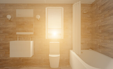 Fototapeta na wymiar Clean and fresh bathroom with natural light. 3D rendering.