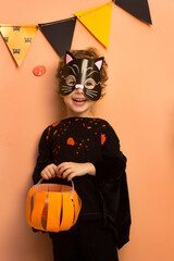 Cheerful Boy in Halloween costume with pumpkin baskets for candy, wearing cats mask for holiday, scary decor for party