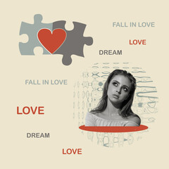 Girl dreams, love puzzles, fall in love, postcard, poster, modern collage