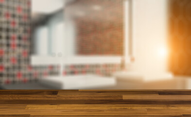 Spacious bathroom, clean, beautiful, luxurious, bright room. 3D. Background with empty wooden table. Flooring.