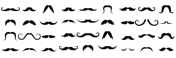 Set of mustaches black silhouettes. Collection of men's mustaches. Vector illustration.