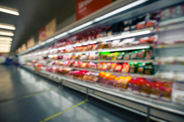 Defocused blur of supermarket meat with dairy products