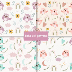 Seamless boho owl pattern. Vector illustration
