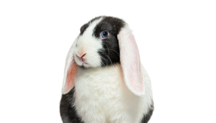 Headshot of a Black and white lop rabbit blue eyed