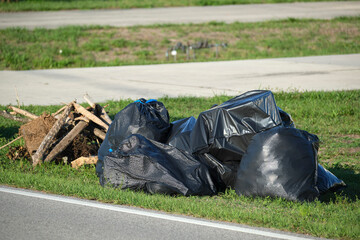 Pile of black garbage bags and plastic dustbin outdoors on rural street side. Waste management...