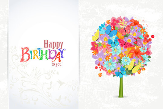 romantic card with decorative tree with colorful flowers and but