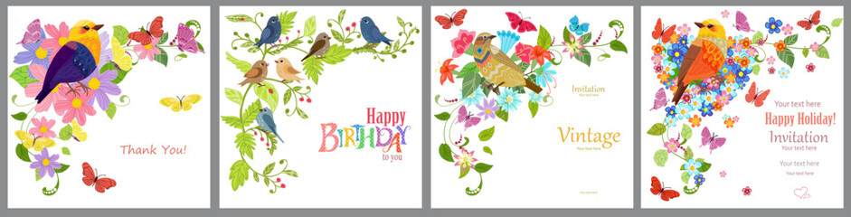 collection of lovely cards with cute birds on decorative plant t