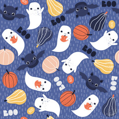 Halloween funny seamless pattern with gosths, bats and pumpkins. Vector hand drawn illustration.