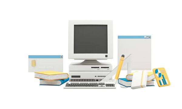Back to school join to online learning with school supplies and equipment. laptop computer screen with phone and school accessories and textbooks on yellow and blue background. 3D Rendering PSD