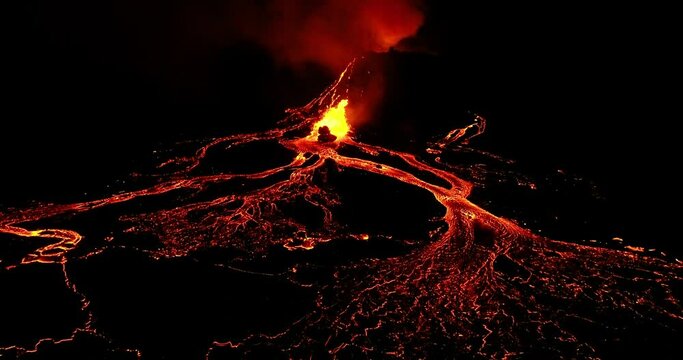  Panoramic view at dark night of an active volcano.