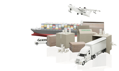 Transport logistic weighing freight shipment surrounded by cardboard boxes, a cargo container ship, a flying plane, a car, a van and a truck with money coin on gray background 3D rendering PSD