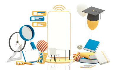 E-learning concept with smart phone and wi-fi symbol surrounded by Graduate cap, open books, balloon, Ruler,statistical graph, pencil and magnifying glass on blue and yellow background 3d render PSD
