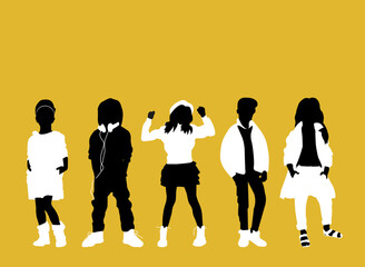 Silhouettes of fashionable children on a yellow background